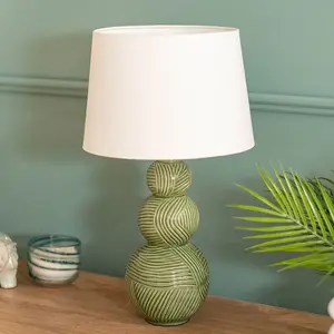 ValueLights Avery Green Ceramic Stacked Balls Table Lamp with a White Tapered Fabric Shade - Bulbs Included