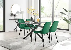 Furniturebox UK Leonardo Grey Glass Marble Effect Black Leg Table & 4 Green Pesaro Black Leg Chairs