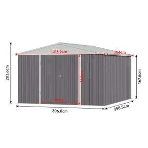 10x12ft Grey Apex Metal Garden Storage Shed Outdoor  Storage Shed with Lockable Double Door