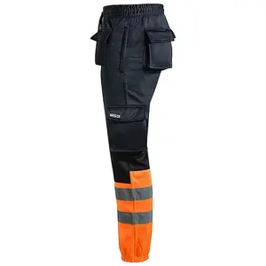 MS9 Mens Hi Viz Vis High Visibility Fleece Cargo Work Trousers Joggers Pants, Black and Orange - S