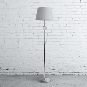 First Choice Lighting Polished Chrome with Moulded Glass Detail Floor Lamp with Grey Shade