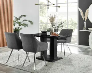 Furniturebox Imperia 4 Modern Black High Gloss Dining Table and 4 Dark Grey Falun Silver Leg Chairs