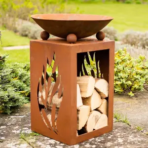 Fuego Fire Pit Bowl & Log Store - Weatherproof Outdoor Garden Wood Burner with Rust-Effect Finish & Cut-Out Design - H63 x 44cm