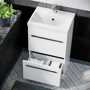 Nes Home 500mm Gloss White 2 Drawer Basin Vanity Cabinet Floor Standing Ceramic Sink