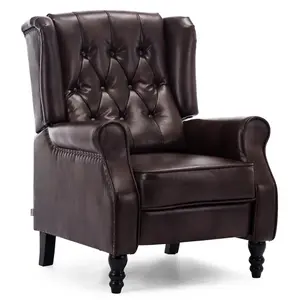 Althorpe Wing Back Recliner Chair Bonded Leather Button Fireside Occasional Armchair (Brown)