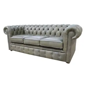 Chesterfield 3 Seater Selvaggio Sage Green Leather Sofa Settee In Classic Style