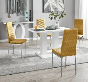 Furniturebox UK 4 Seater Dining Set - Imperia White High Gloss Dining Table and Chairs - 4 Mustard Velvet Milan Chrome Leg Chairs