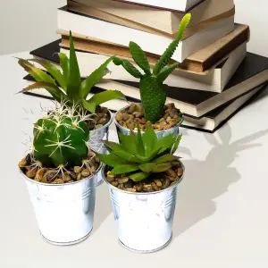 Pack Of 4 Imitation Plants Succulents In Tin Pot Pebbles Decor  Home Kitchen