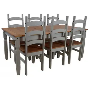 Mercers Furniture Corona Grey Wax 6'0" Dining Table & 6 Chairs Set Solid Pine with Mexican Styling