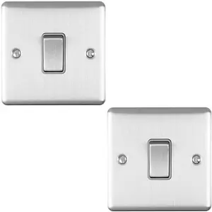 2 PACK 1 Gang Single Light Switch SATIN STEEL 2 Way 10A Grey Trim & Metal