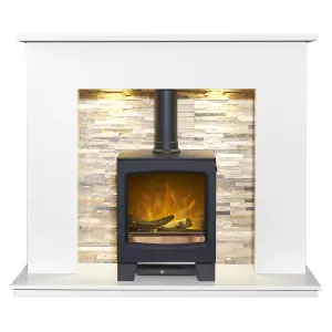 Acantha Monara White Marble Fireplace with Downlights Lunar Electric Stove in Charcoal Grey, 54 Inch