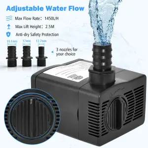 Costway 1450L/H 30W Submersible Pump Fountain Water Pump with 2.5M High Lift 3 Nozzles