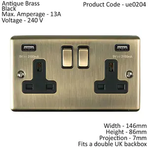 2 Gang Single UK Plug Socket & Dual 2.1A USB ANTIQUE BRASS & Black 13A Switched