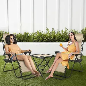 3 Piece Folding Zero Gravity Brown Chair Set with Table / Ultimate Comfort for Outdoor Relaxation