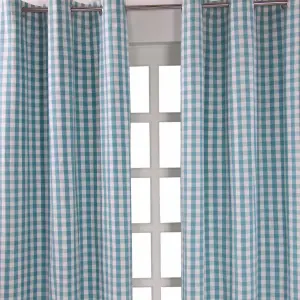 Homescapes Cotton Blue Block Check Gingham Eyelet Curtains 117 x 137 cm