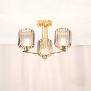 ValueLights Amelie Gold 3 Way Ceiling Light with Smoked Ribbed Glass Shades - LED Bulbs Included