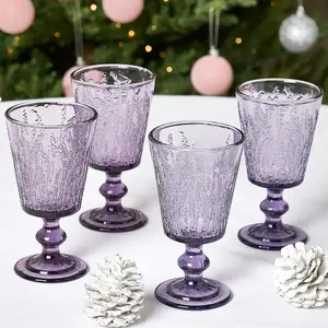 Set of 4 Purple Lavender Embossed Drinking Wine Glass Wine Goblets 300ml