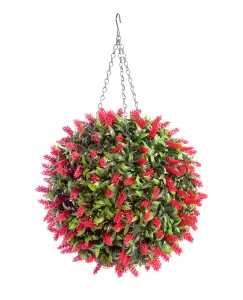 Best Artificial 38cm Red Lush Lavender Hanging Basket Flower Topiary Ball - Suitable for Outdoor Use - Weather & Fade Resistant