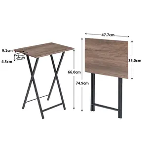 Folding Side Table with Cup Holder, Industrial Side Table for Living Room, Bedroom (Set of 2) Coffee/Black