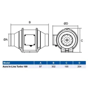 Airflow 90001673 AURA In-Line Turbo 100T Mixed Flow Extractor Fan (Timer Model)