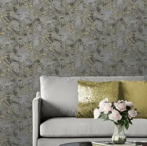 Metallic Ripple Liquid Marble Swirl Charcoal Grey Gold Shimmer Wallpaper WD0043