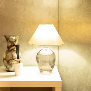 ValueLights Olivet Grey Glass Table Lamp with Fabric Tapered Lampshade Bedside Light - Bulb Included