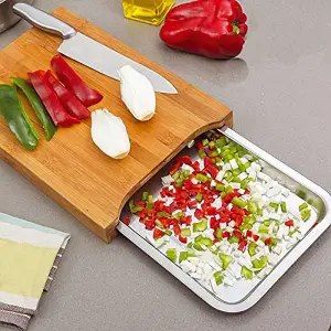 Chopping Board - Made From Durable Bamboo - Sliding Stainless Steel Tray For Extra Space Or Serving