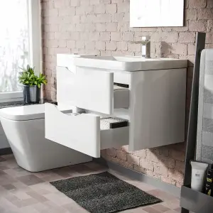 Nes Home Merton 600mm Wall Hung Gloss White Vanity Basin & Rimless Close Coupled Toilet