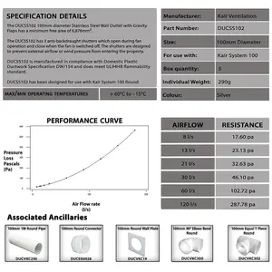 Kair 100mm Wall Outlet - Gravity Grille Stainless Steel Ducting Vent