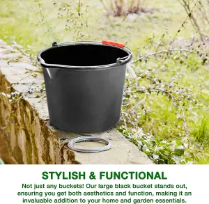 Set of 4 16L Gallon Black Plastic Bucket with Handles -Sturdy Water Bucket Big Bucket with Measuring - Ideal for Home and Garden