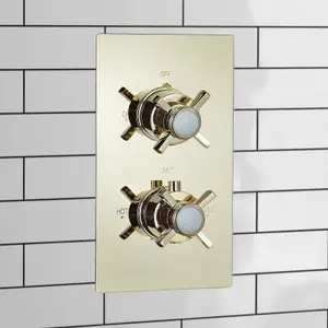 ENKI Edwardian English Gold Crosshead 2-Outlet Solid Brass Thermostatic Twin Shower Valve TSV057