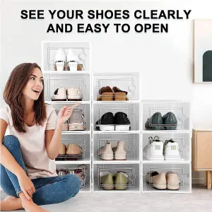 12 X Shoe Storage Boxes - Clear Transparent Shoe Organizer - For Effortless Stacking - With Rear Ventilation Holes - Easy Assembly