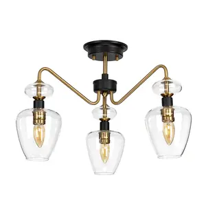 Elstead Armand 3 Light Semi Flush, Aged Brass, Glass Shade