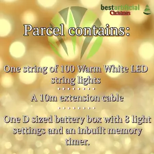 100 Warm White LED's 10m/32ft Clear Cable BATTERY Power Connectable Indoor Outdoor Waterproof String Lights Garden Party