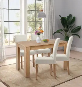 Hallowood Furniture Newquay Oak Fixed Top Table 120cm with 4 Straight Back Beige Fabric Chairs