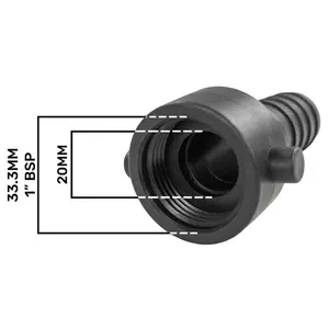 female threaded hosetail for pumps and filters ,fits 25mm pipe,1" bsp male thread,measures 33.3mm across the thread