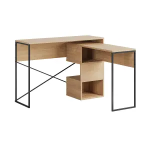 Decortie Modern Badau L-Shaped Computer Desk Oak Black Metal Legs 3 Adjustable Storage Shelf Extra Table 110cm(W) Work PC Office