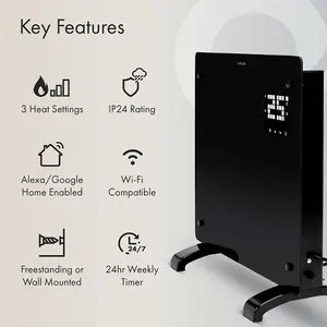 WiFi Smart Electric Glass Panel Heater 1000W Wall Mounted Or Free Standing Black