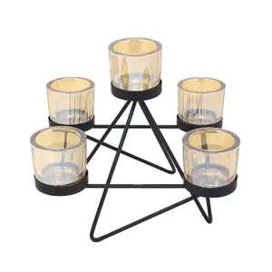 Tea Light Holder 5pc Amber Candle Jars with Metal Tealight Wooden Stand Decor