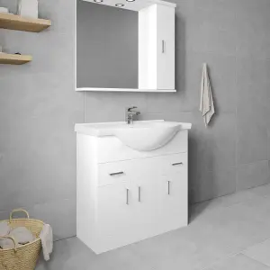 3 Door 2 Drawer Bathroom Vanity Basin Unit with Round Basin - 850mm - Gloss White