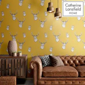 Catherine Lansfield Ochre Stag Pearl effect Embossed Wallpaper