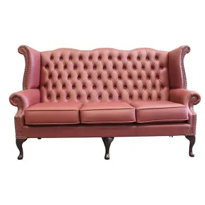 Chesterfield 3 Seater High Back Wing Sofa Shelly Burgandy Leather In Queen Anne Style