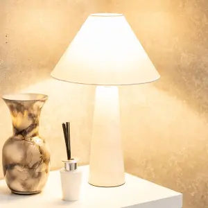 ValueLights Margot White Marble Bedside Table Lamp with a Linen Tapered Lampshade