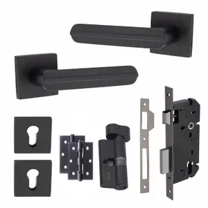 1 Pair Modern Lima Euro Lock Door Handles, 70mm Key & Thumbturn Barrell Matt Black Finish and Ball Bearing HInges - Golden Grace