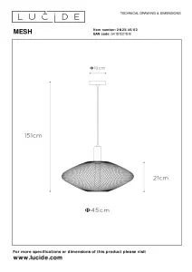 Lucide Mesh Modern Pendant Light 45cm - 1xE27 - Matt Gold, Brass