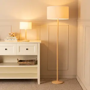 ValueLights Triston Natural Light Wood Stem Floor Lamp with Linen White Trim Drum Shade and LED Bulb