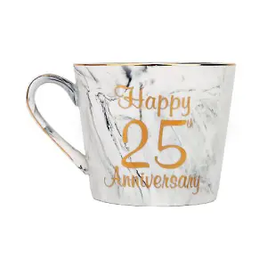 Beautiful 25th Anniversary Grey and Pink Marble Ceramic Mugs with Golden Trim