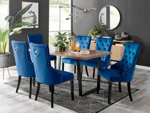 Furniturebox Kylo Brown Rectangular Wood Effect Dining Table & 6 Blue Velvet Belgravia Black Leg Chairs