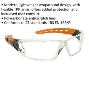 Lightweight Safety Spectacles - Clear Polycarbonate Lens - Flexible TPR Arms