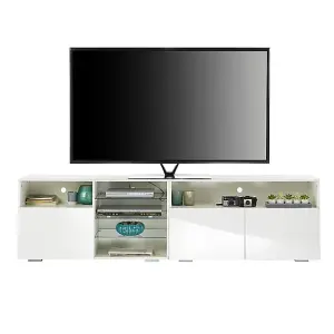 White TV Stand Cabinet 200cm with LED Lights, Storage Shelves SoundBar Shelf 55cm Tall